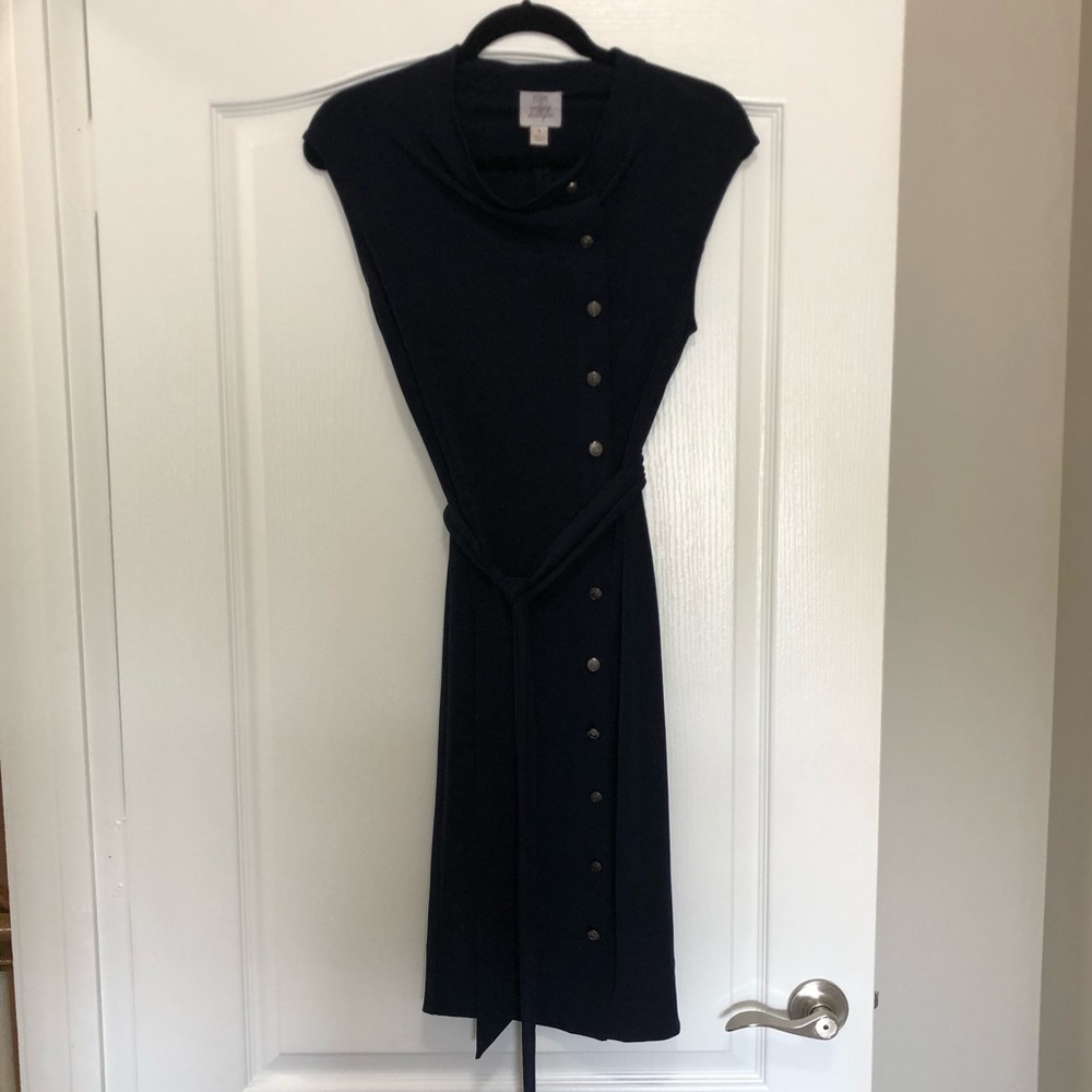 Navy Blue Cling Dress with Button Details and Belt